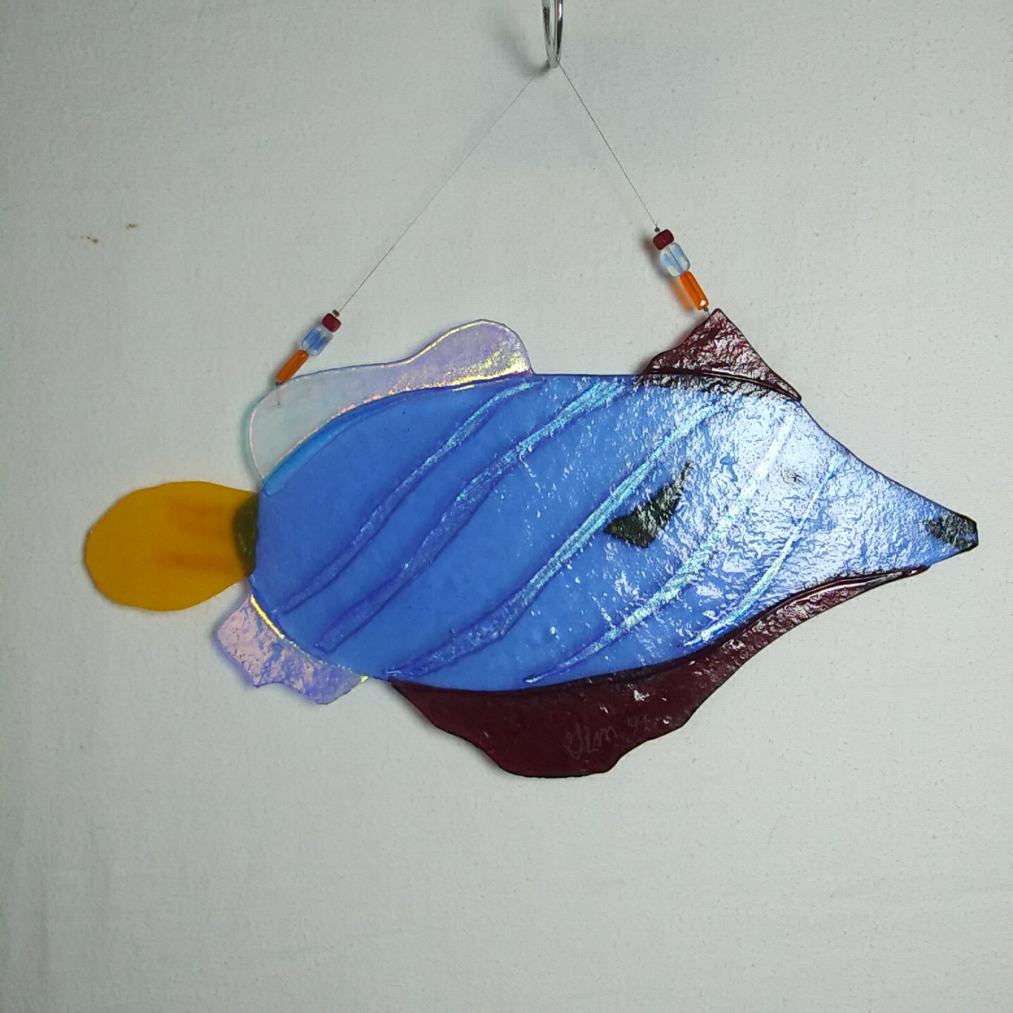 Handmade Iridescent Fused Glass Art Fish Suncatcher Window Wall Hanging 13″