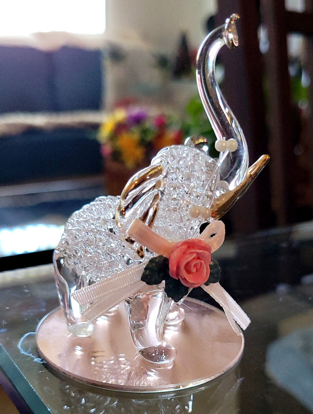 Elephant Handblown Glass Trunk Up Wearing Flower Viollet Base Statue vtg