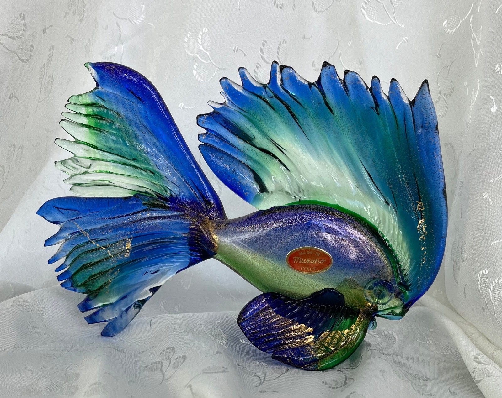 Vintage Murano Italy Gold Swirl Beta Fish 9 1/4″x 6″ Original Foil Tag Stunning!