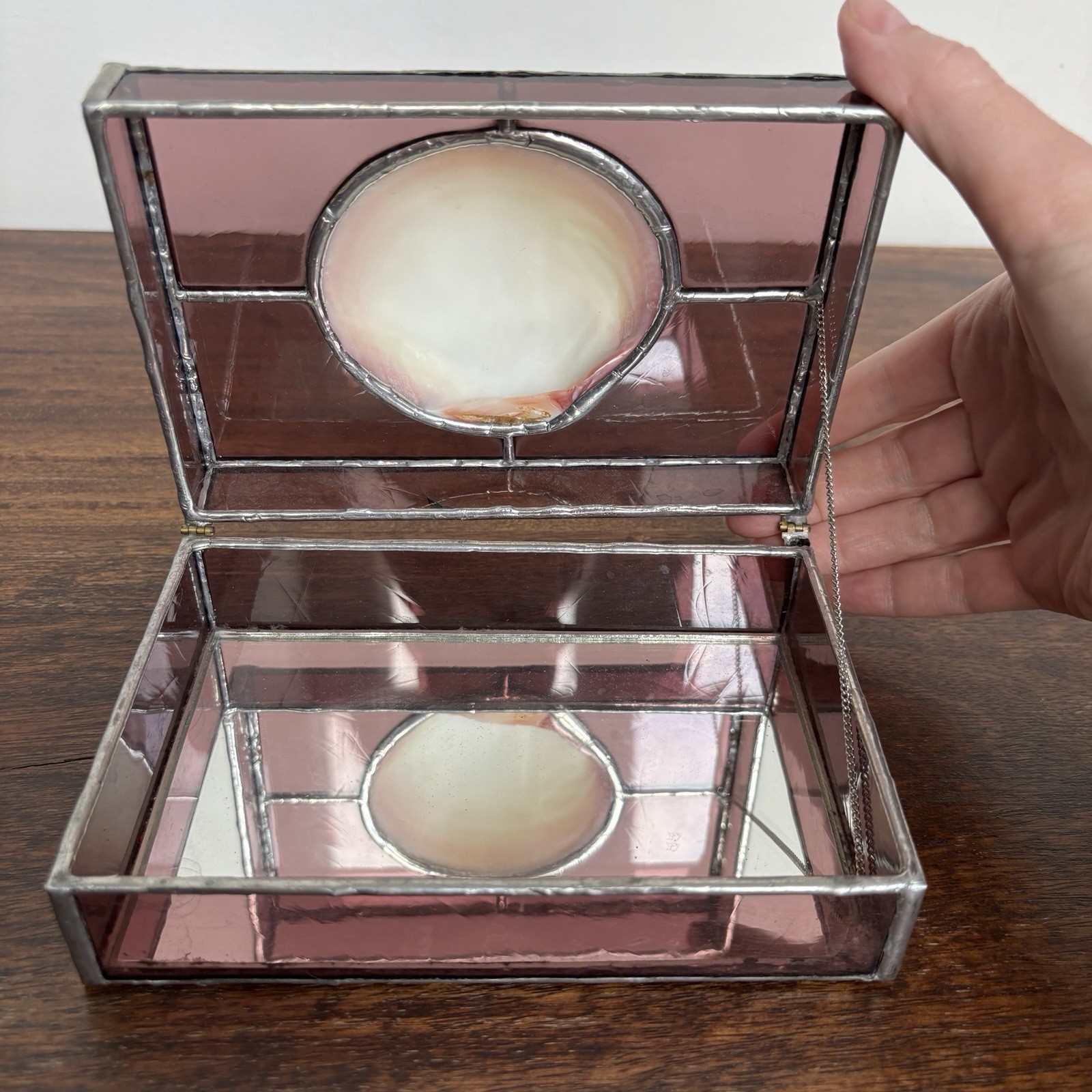 Vintage Sea Shell Stained Glass Trinket Jewelry Box, Pink Glass
