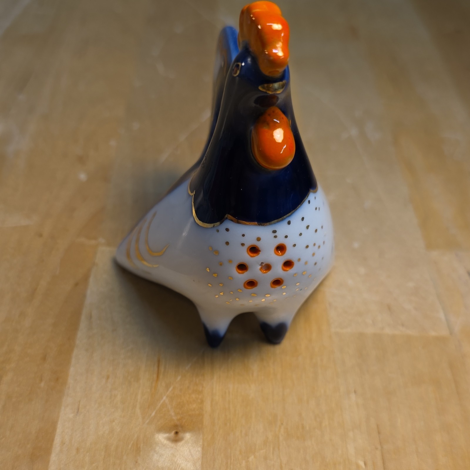USSR Ceramic Rooster Figurine Hand Painted Blue White Orange Gold Glossy