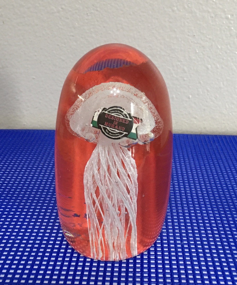 Art Glass Paperweight, Red With Clear Jellyfish Italian Murano-Style 4.5” Tall