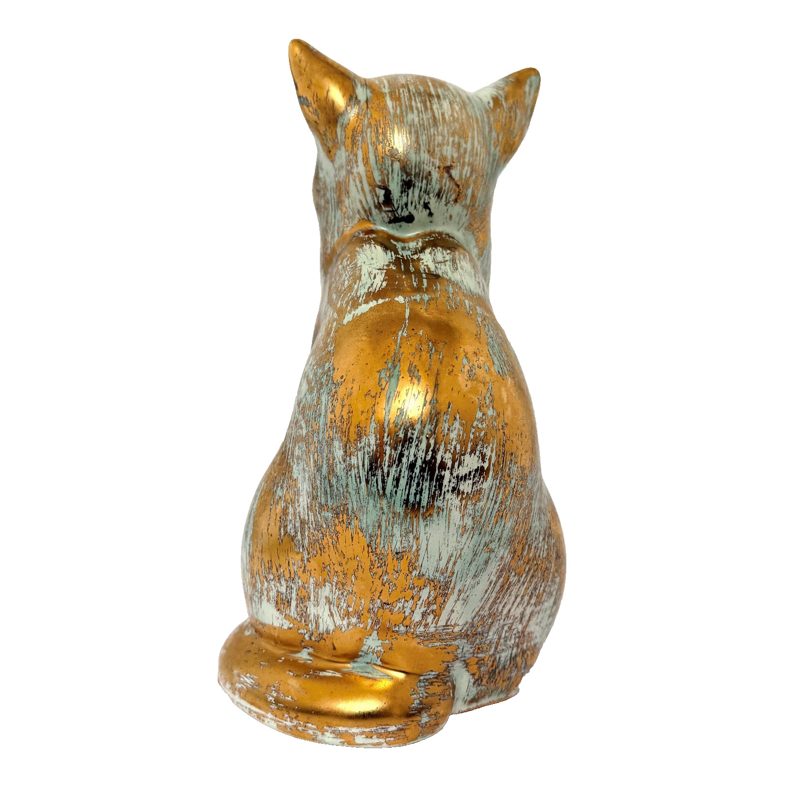 Rare Stangl Pottery 8.5″ Antique Gold Cat Figurine w Label – Tiny Glaze Nick Ear