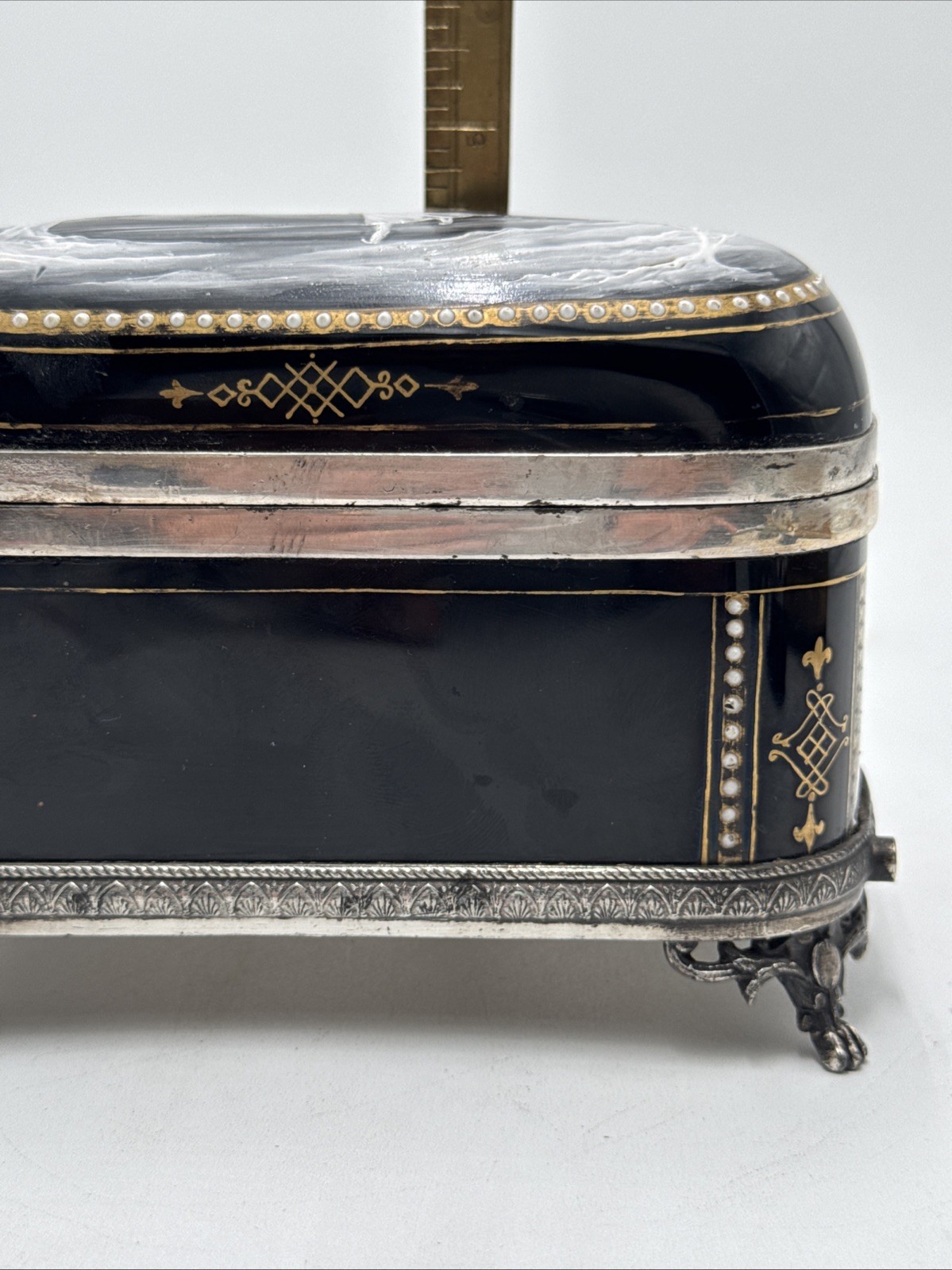 Black Opaline Glass Mary Gregory Wilcox SilverPlate Hinged Casket Box-As Found