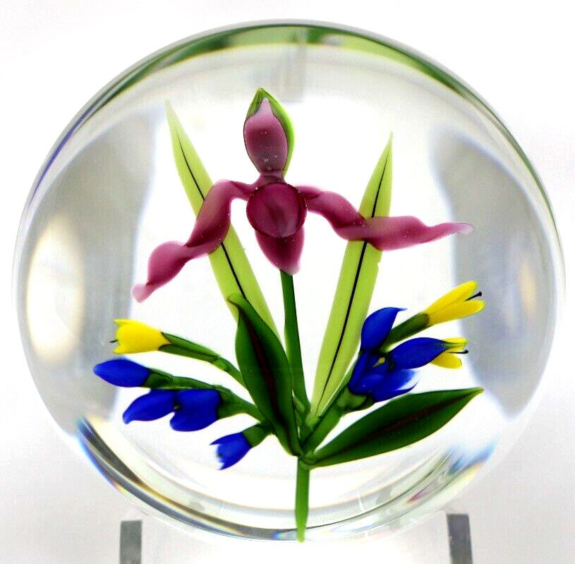 BEAUTIFUL Large CHRIS BUZZINI Blooming ORCHID and Flowers Art Glass PAPERWEIGHT