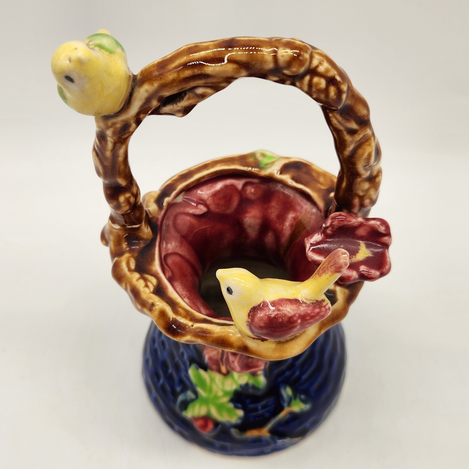 Vintage Majolica Style Bird Basket Vase Ceramic Blue Floral w/ Birds Twig Handle