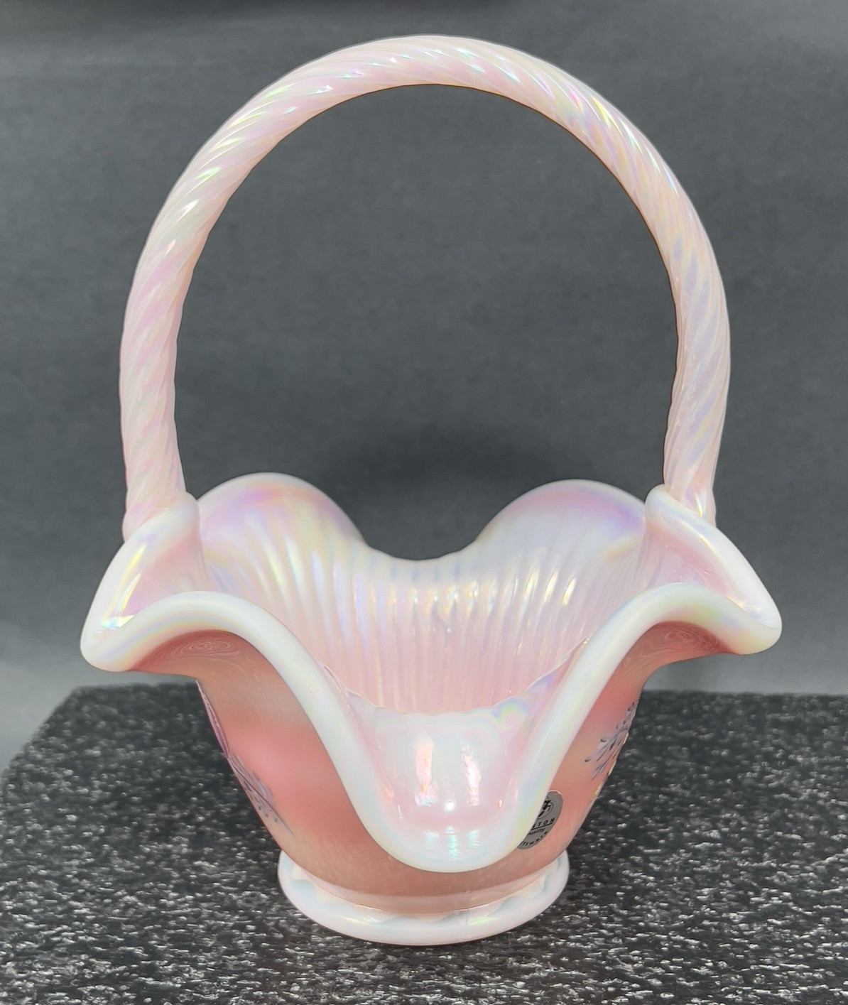 Vtg Lynn & Craig Fenton Glass Basket Rosalene Opalesce Iridescent Pink J Powell