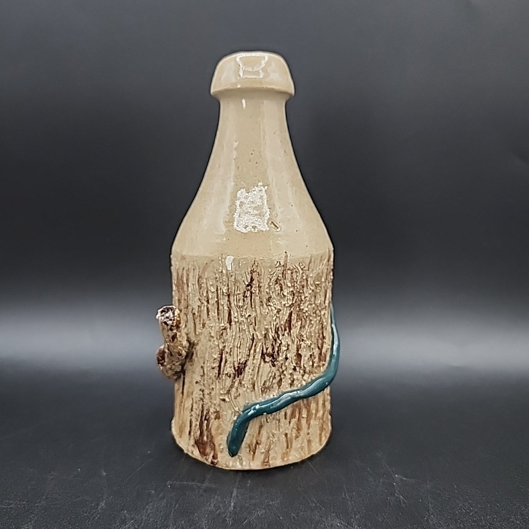 Unique Stoneware Artist Signed Pottery Bottle 7″ Tall Snake In Tree Design