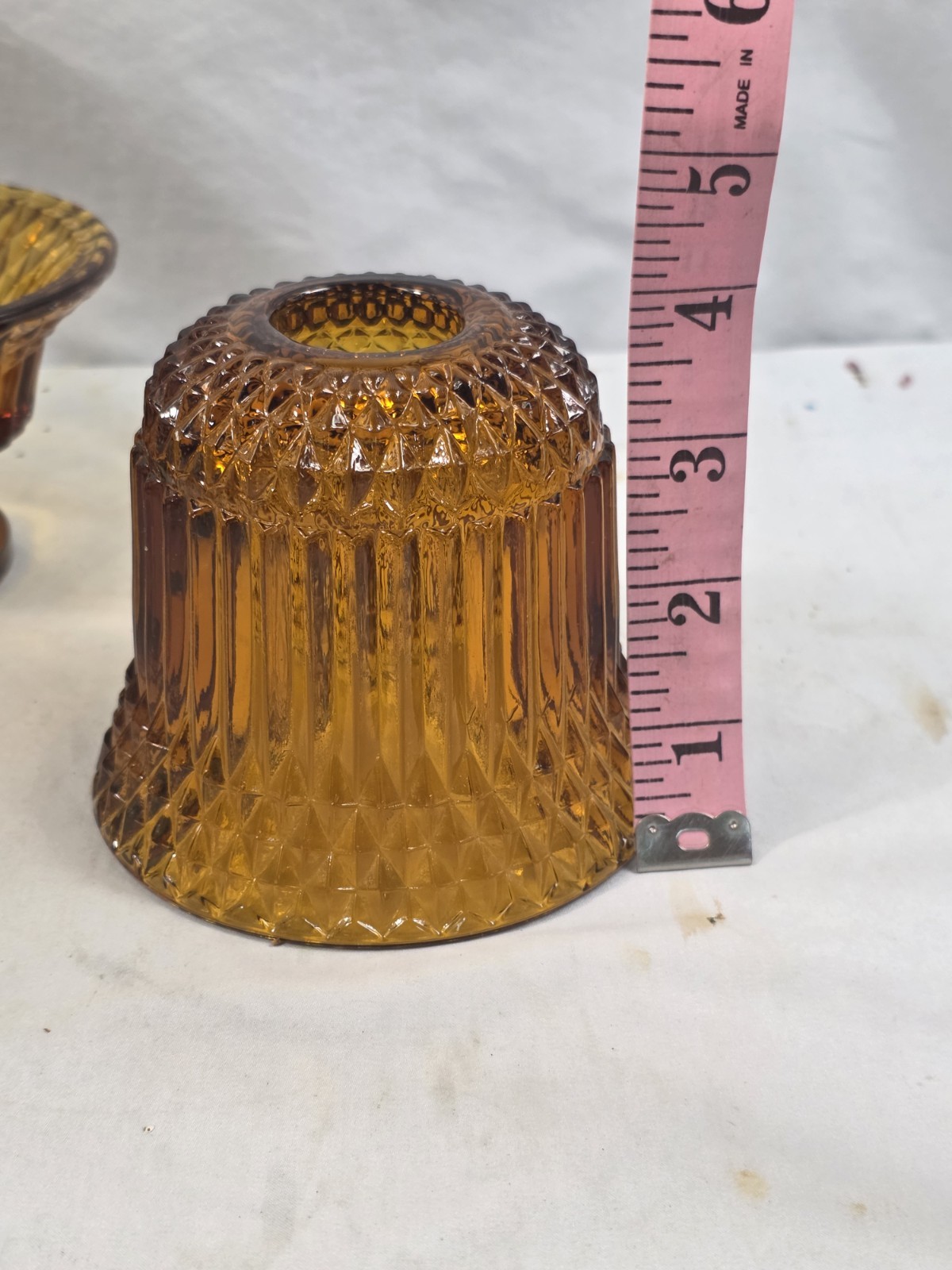 VTG MCM Indiana Glass Amber Diamond Point Fairy Lamp Pedastal Candle Holder 158