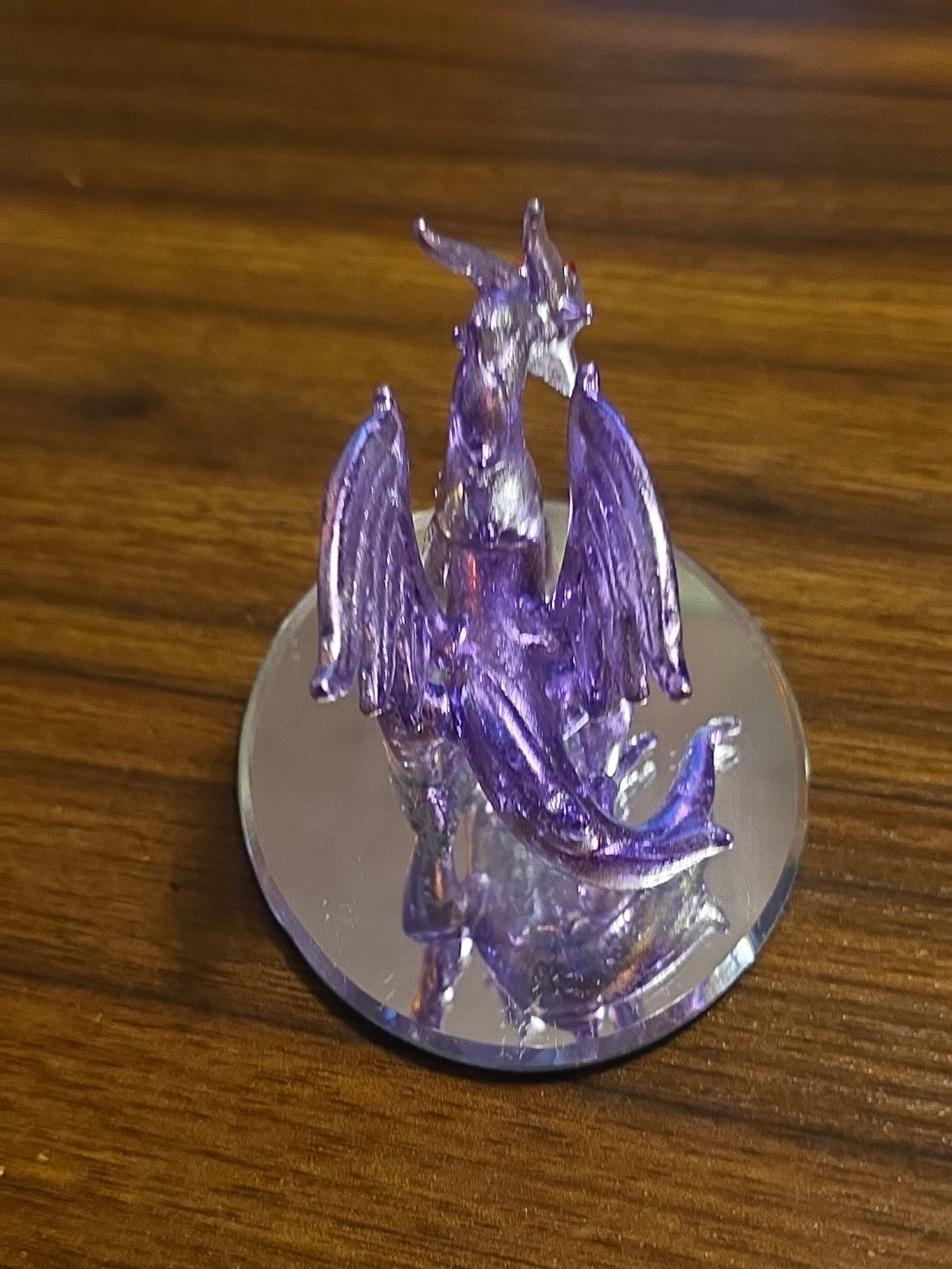 Dragon on round mirror base hand blown glass purple figurine fantasy decor