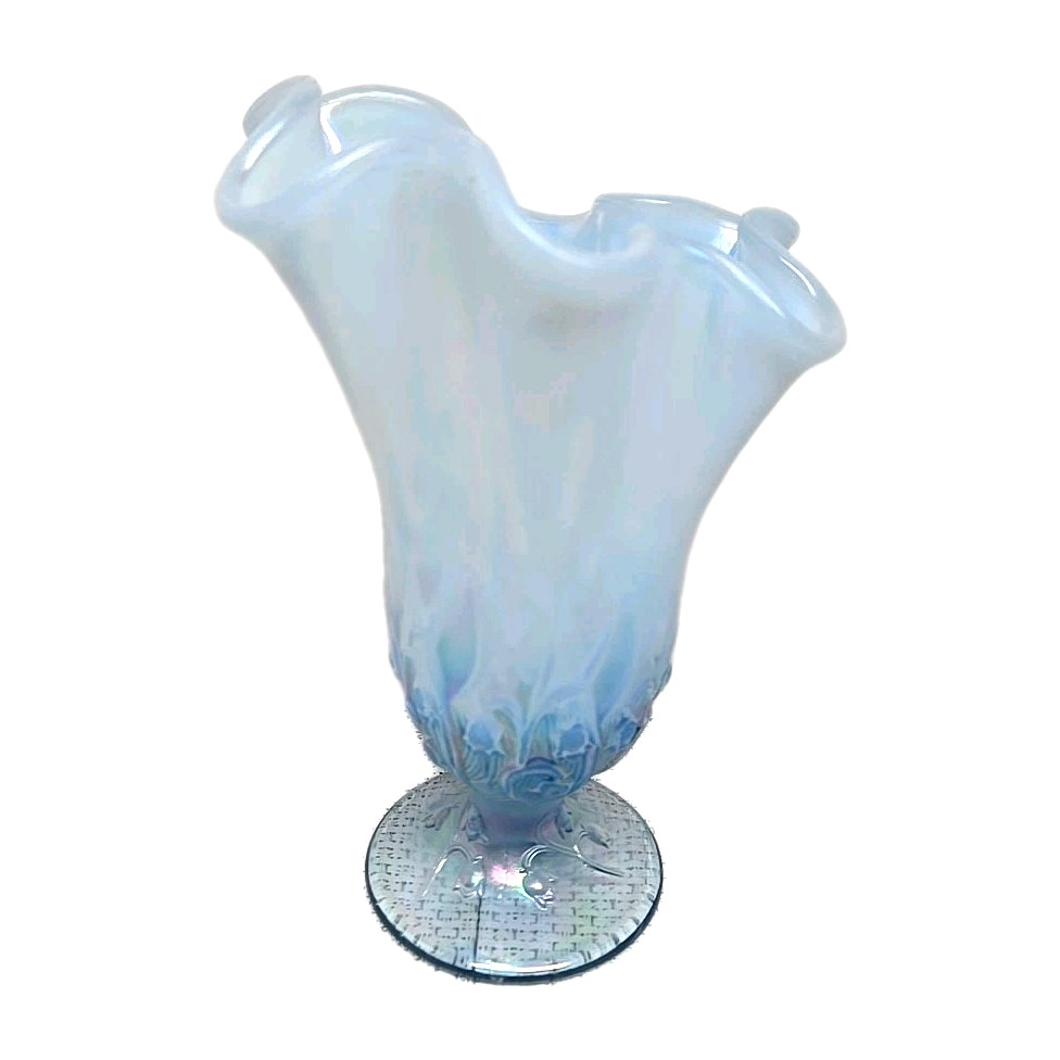 Vintage Fenton Art Glass Lily of the Valley Opalescent Blue Ruffled Vase 6 ¼ in.