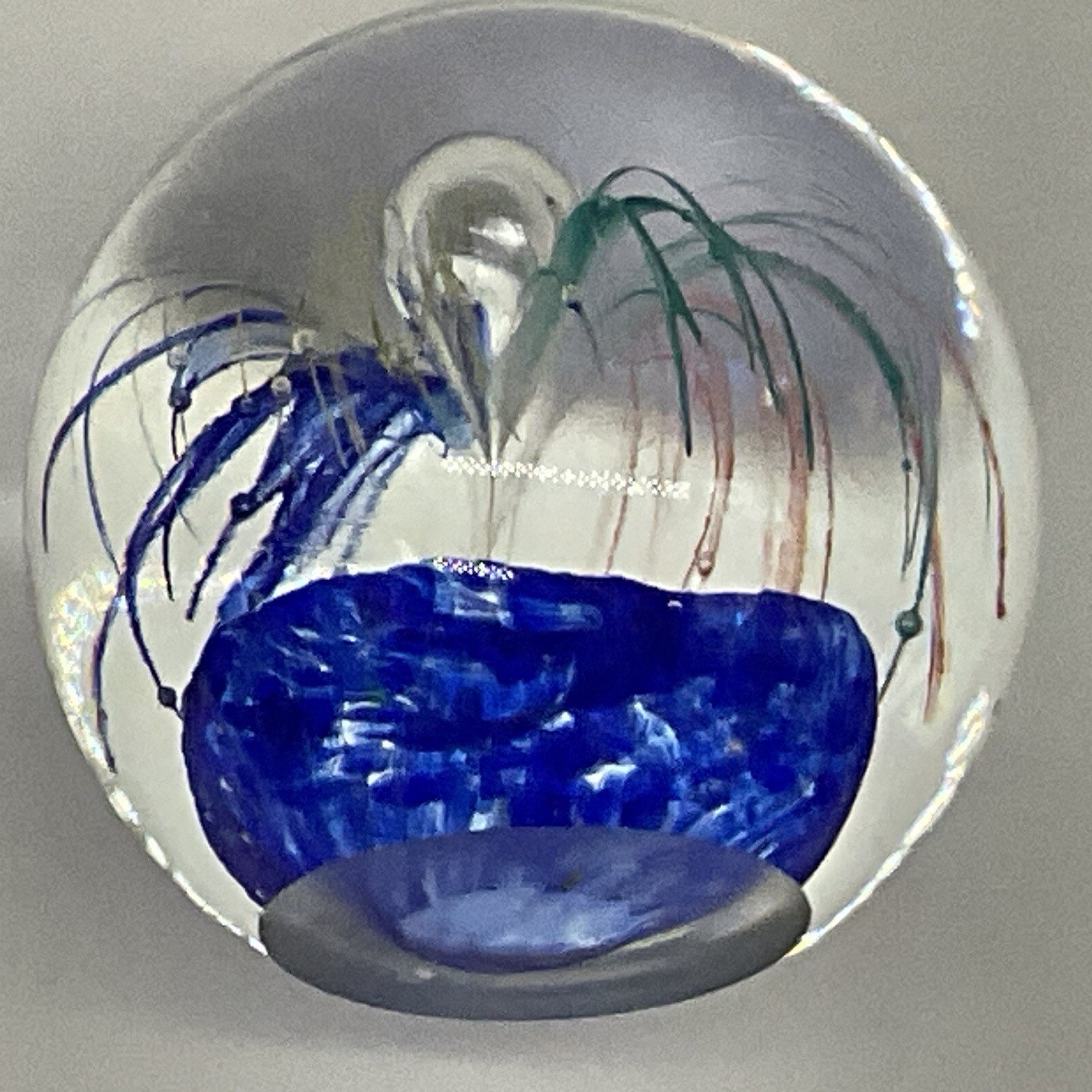 Glass Paperweight Blue Fountain With Blue, Green, Yelow And Orange 2×3