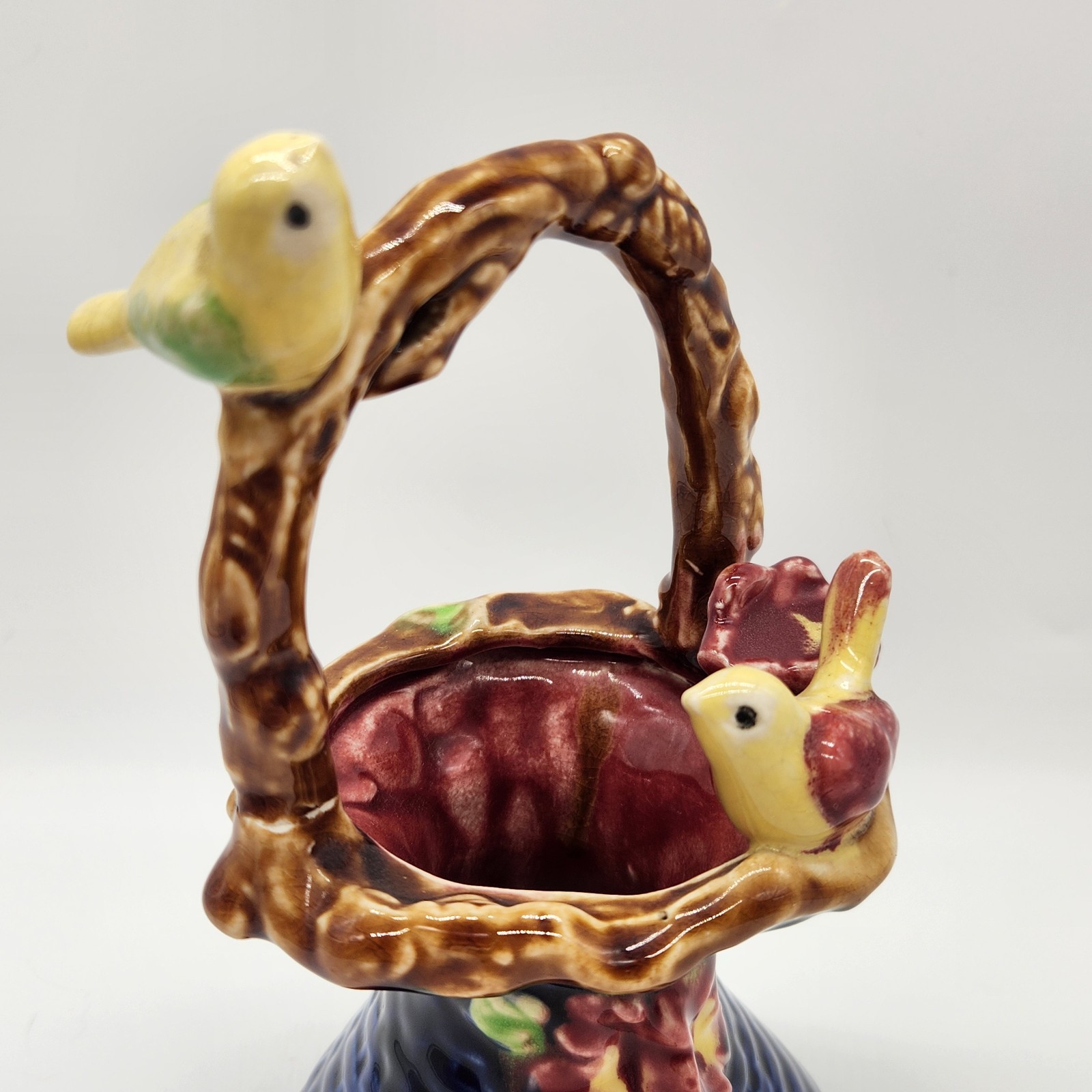 Vintage Majolica Style Bird Basket Vase Ceramic Blue Floral w/ Birds Twig Handle