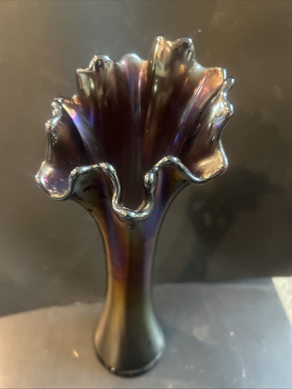 Vintage Imperial Purple Carnival Glass Freefold Vase 12″ Tall
