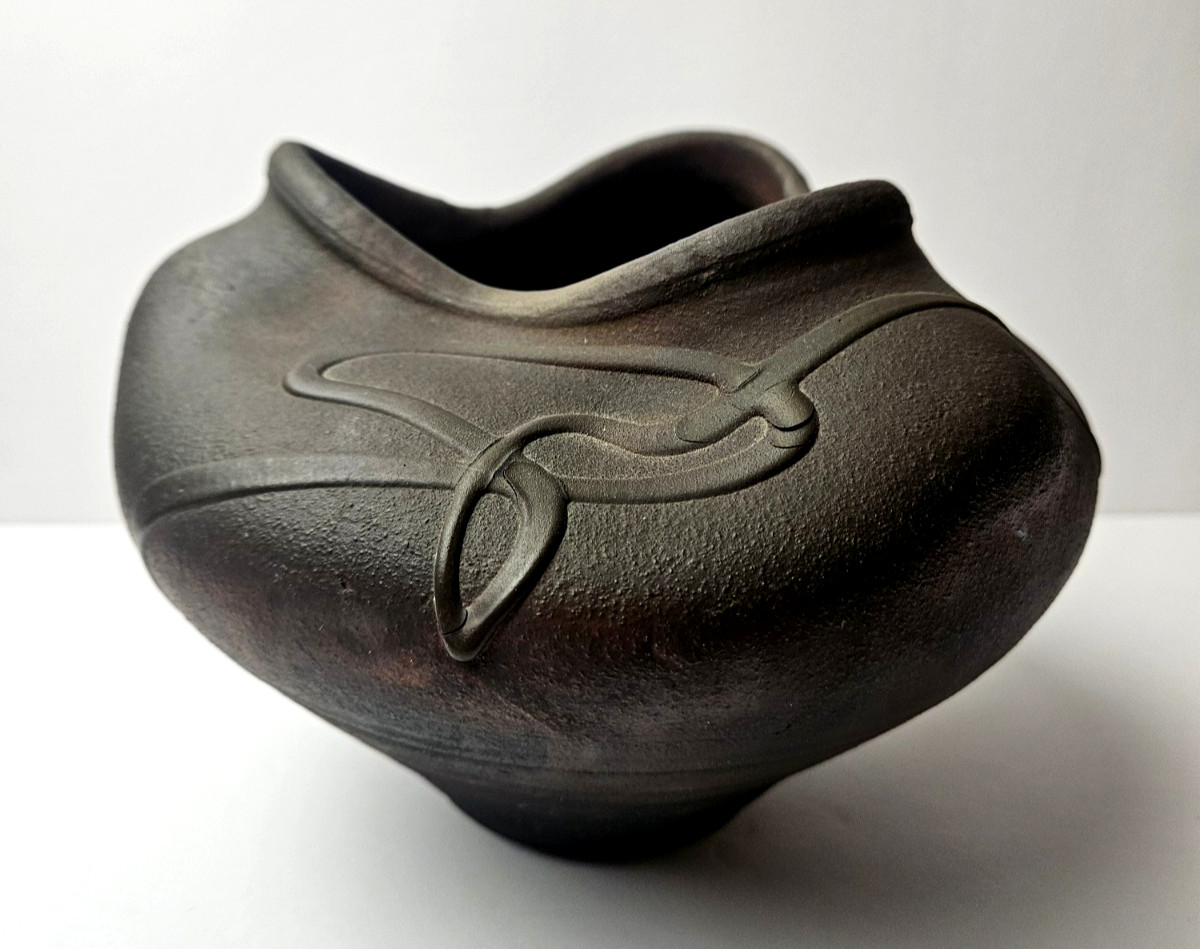 KERRY GONZALEZ Copper Matte Raku Pottery Art Vase Clay Signed Brutalist Swirl