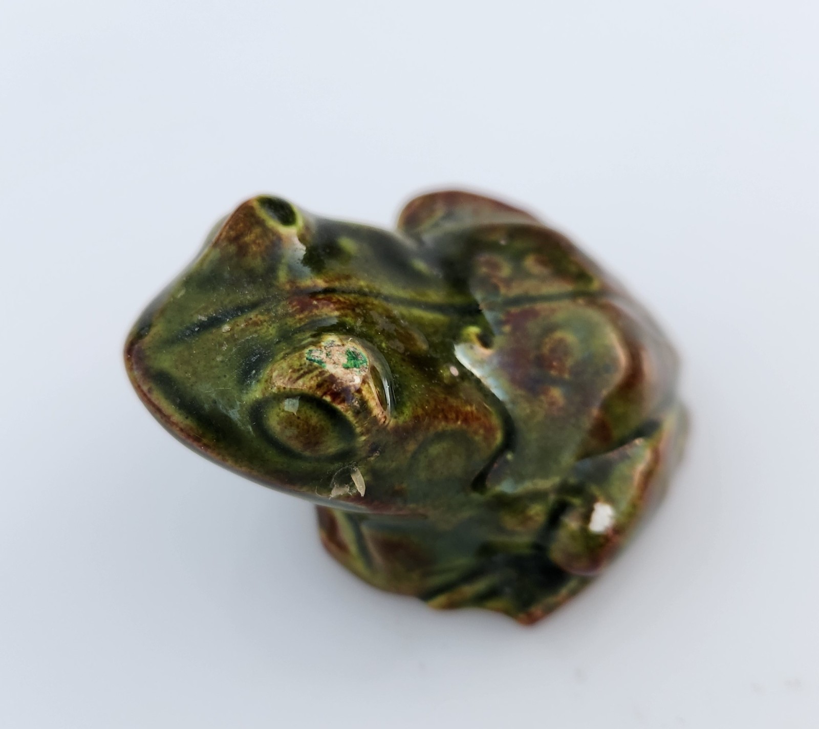 Vintage Pottery Frog Toad Brown & Green Drip Glazed White Clay Figurine