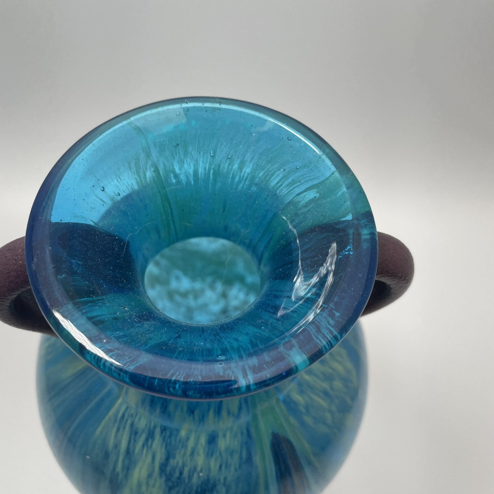 PIER 1 handled ART GLASS VASE Blue Green Aqua with metallic Copper 10 inch