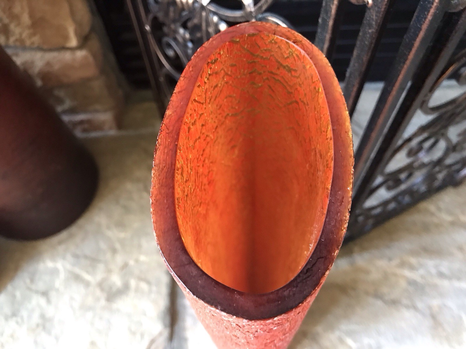 Vintage Orange Glass Vase Large Heavy Rare Amber And Red Textured Crackle Finish