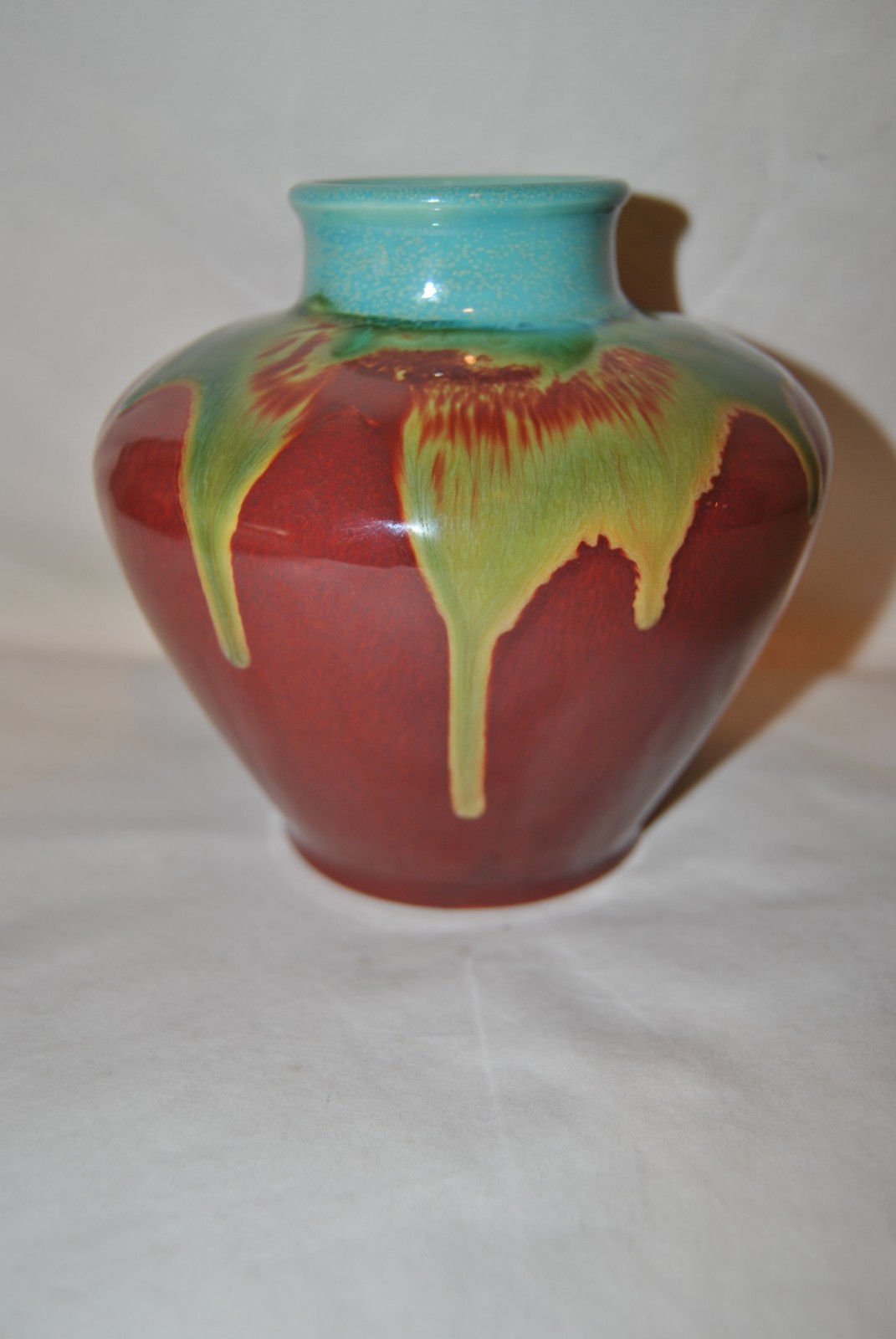 Rookwood Blue Crystalline, Yellow & Green Over Oxblood Vase 1932 Shape #6318C