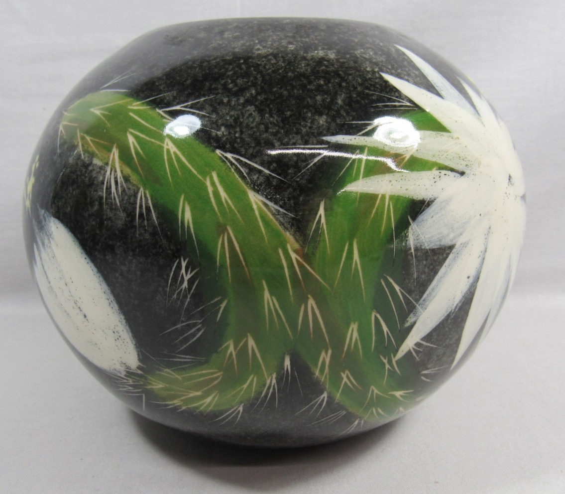 Vintage Artist Signed Hand Painted Vase Desert Flower Cactus Hedi Schoop 6″x7.5″
