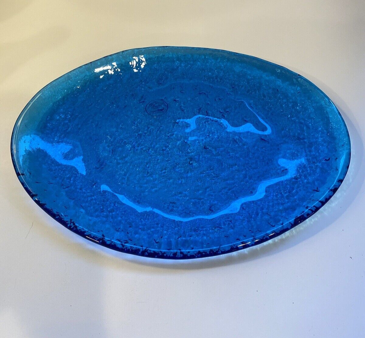 Murero Art Glass Aqua Turquoise Blue Oval Platter Plate Made In Italy 15 Inch