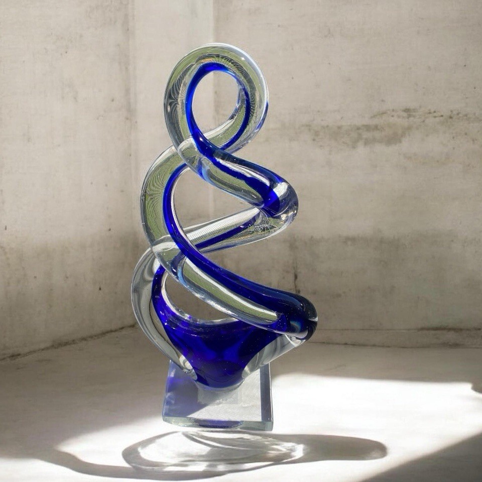 Art Glass Sculpture 8”Spiral Corkscrew Abstract Cobalt Blue/Clear On Clear Glass