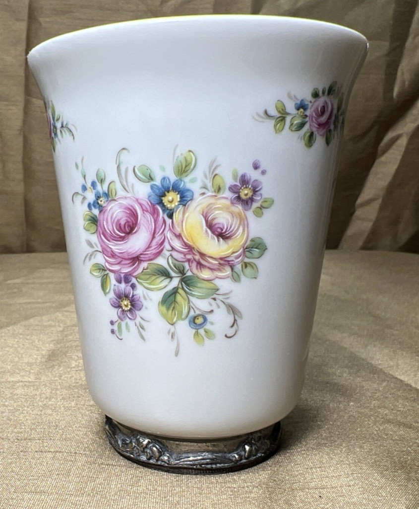 Antique Limoges France Hand Painted Floral Porcelain Vase w/French Étain Pewter