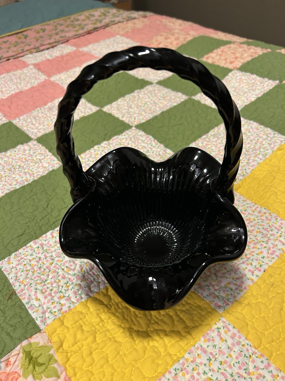 Fenton Ebony/Black Glass Hand Painted Basket Autumn Motif Pumpkin Corn Kelley