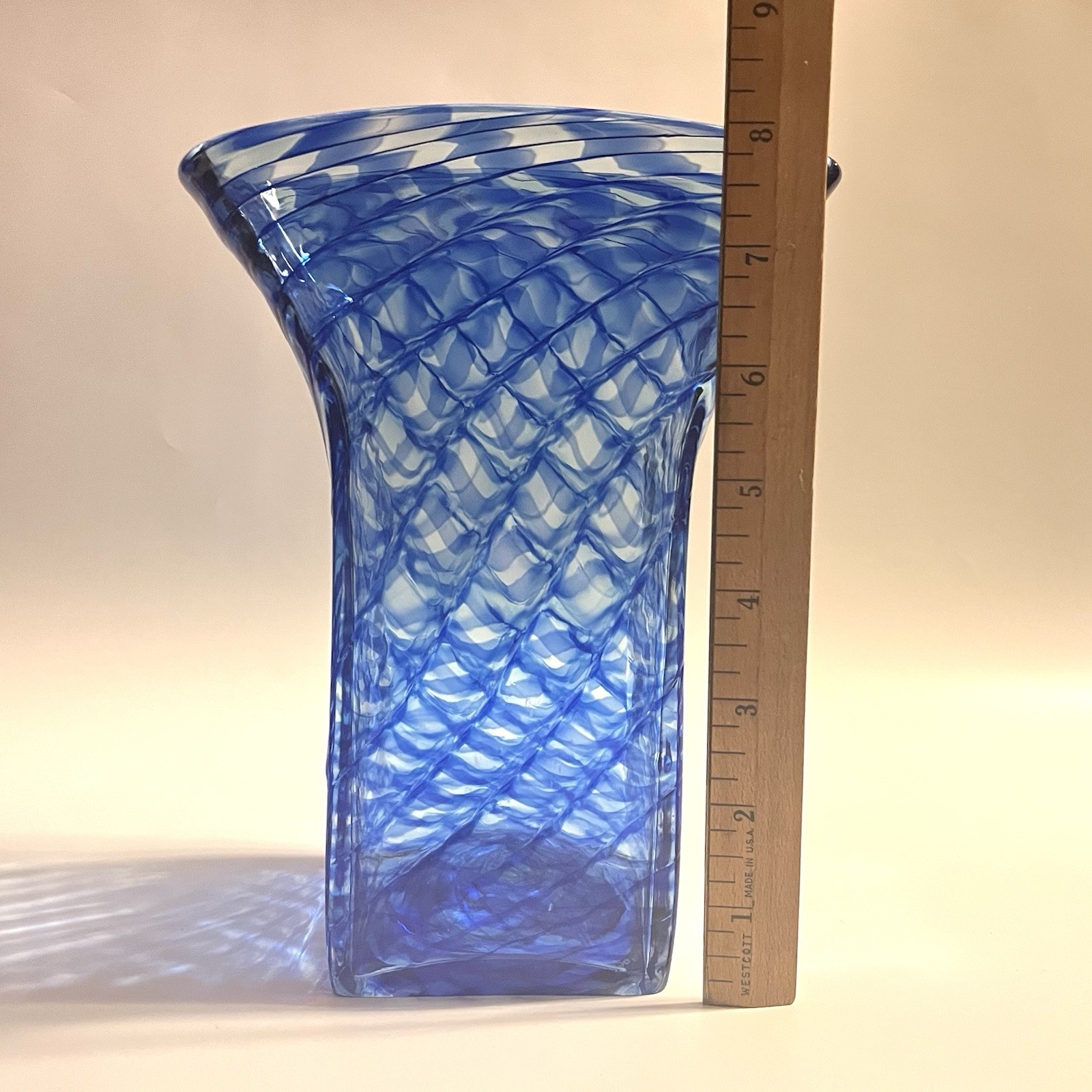Zellique Joseph Morel JM Blue Waves Hand Blown Art Glass Vase 8″ Signed 1996