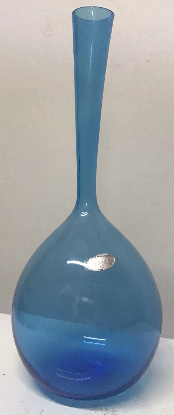 MCM Vintage Hand Blown Glass Vase 9.75” Aqua Blue W/Original Tag Attached Sweden