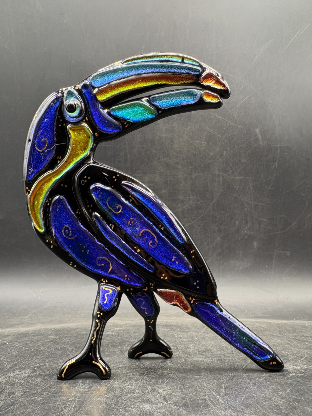 Signed Studio Art Glass Toucan Bird Dichroic Fused Glass Sculpture 6″ Tall