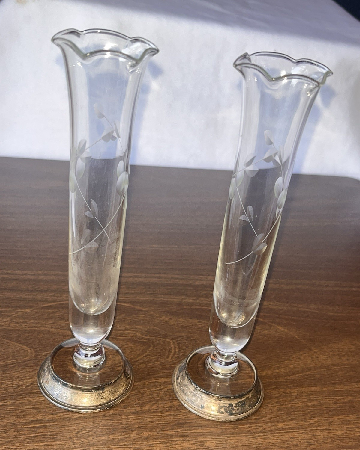 Vintage Pair Etched Clear Glass Bud Vases w/ Sterling Silver Bases STERLING