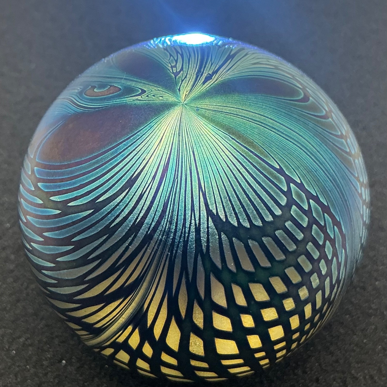 David Lotton Art Glass Iridescent Paperweight Swirls Blue/Green 1984-Signed