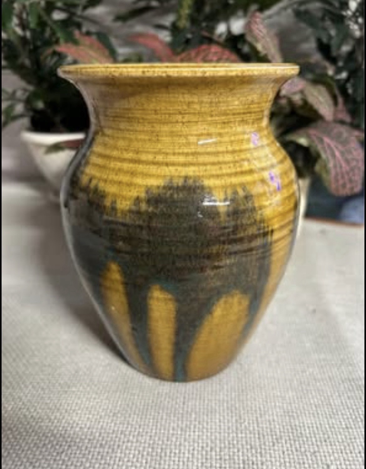 Ryan McKay Pottery Vase Two Tone Drip Glaze Gold Blue Green, 6”Tall