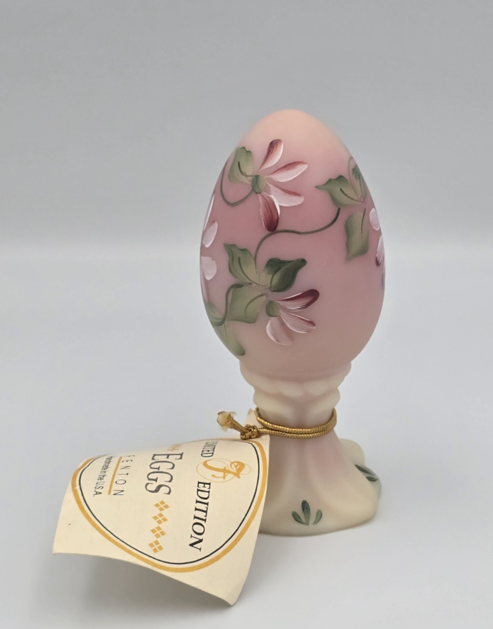 Vintage Fenton Egg Pink Uranium Burmese Flowers Hand Painted Signed 2700/3000