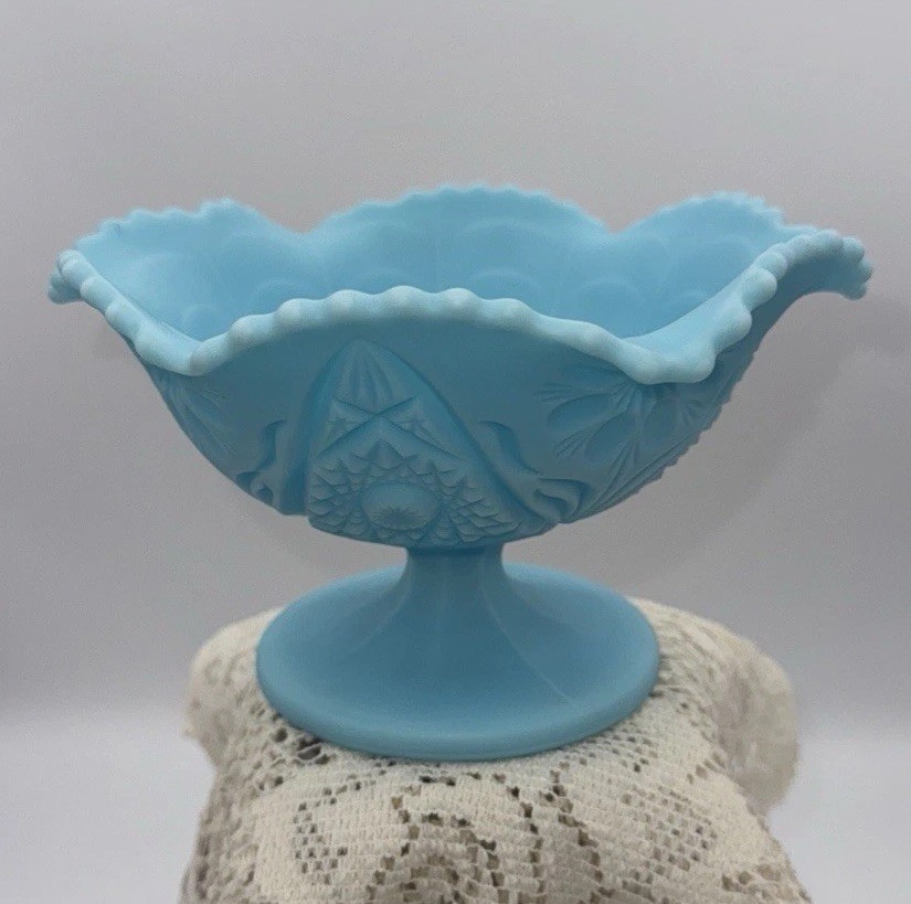 Indiana Glass Bowl Compote Satin Blue 4” “Inside Drapery Design” Marked VTG