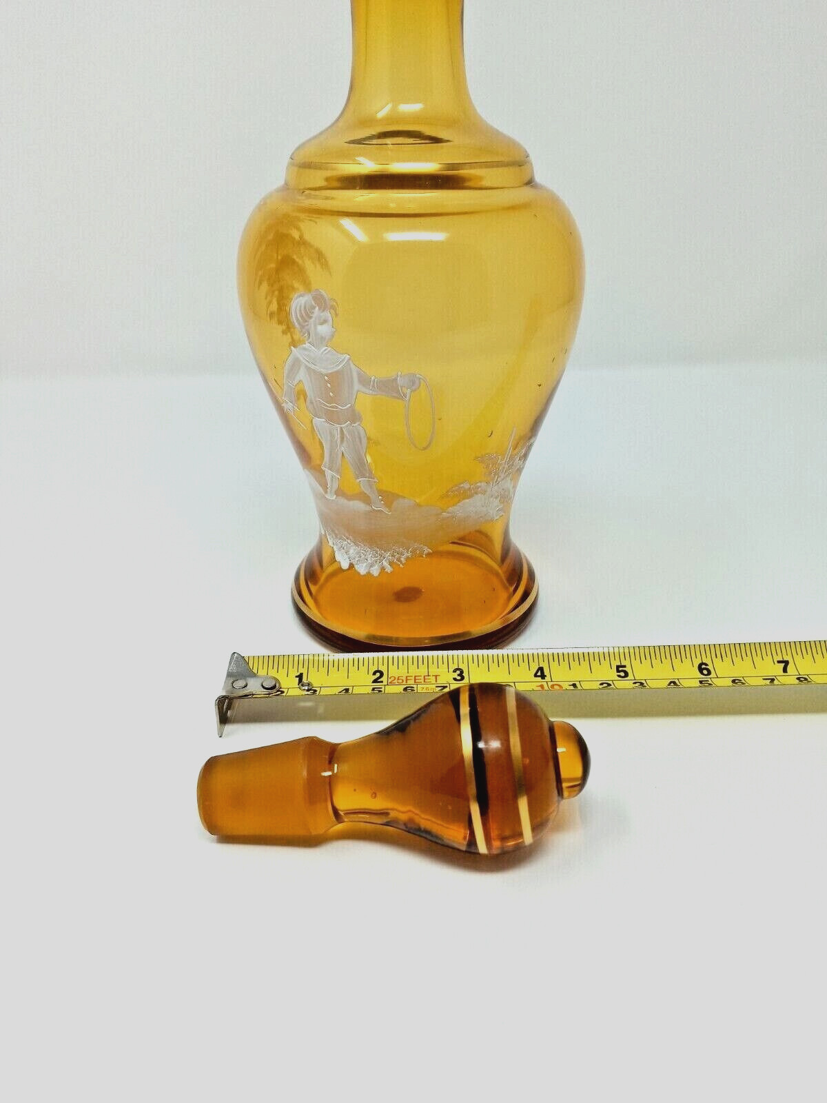 Amber Glass Decanter West Germany Mary Gregory style Ground-in Stopper gold euc