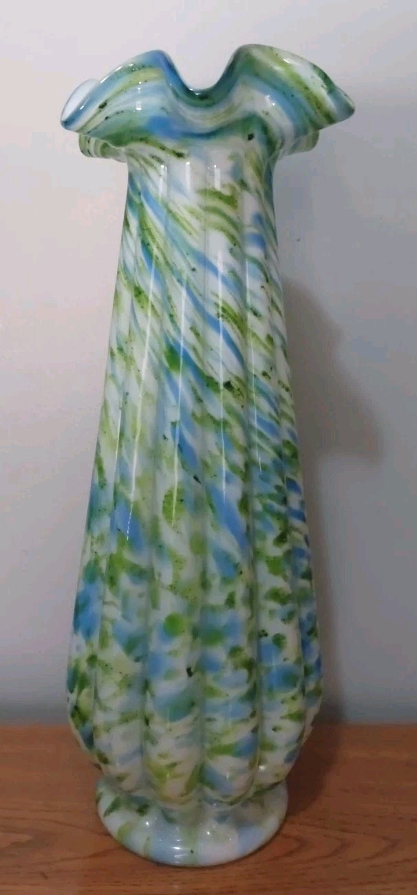 VTG FENTON VASA MURRHINA GLASS 14″ TALL VASE BLUE GREEN ADVENTURINE MINT!