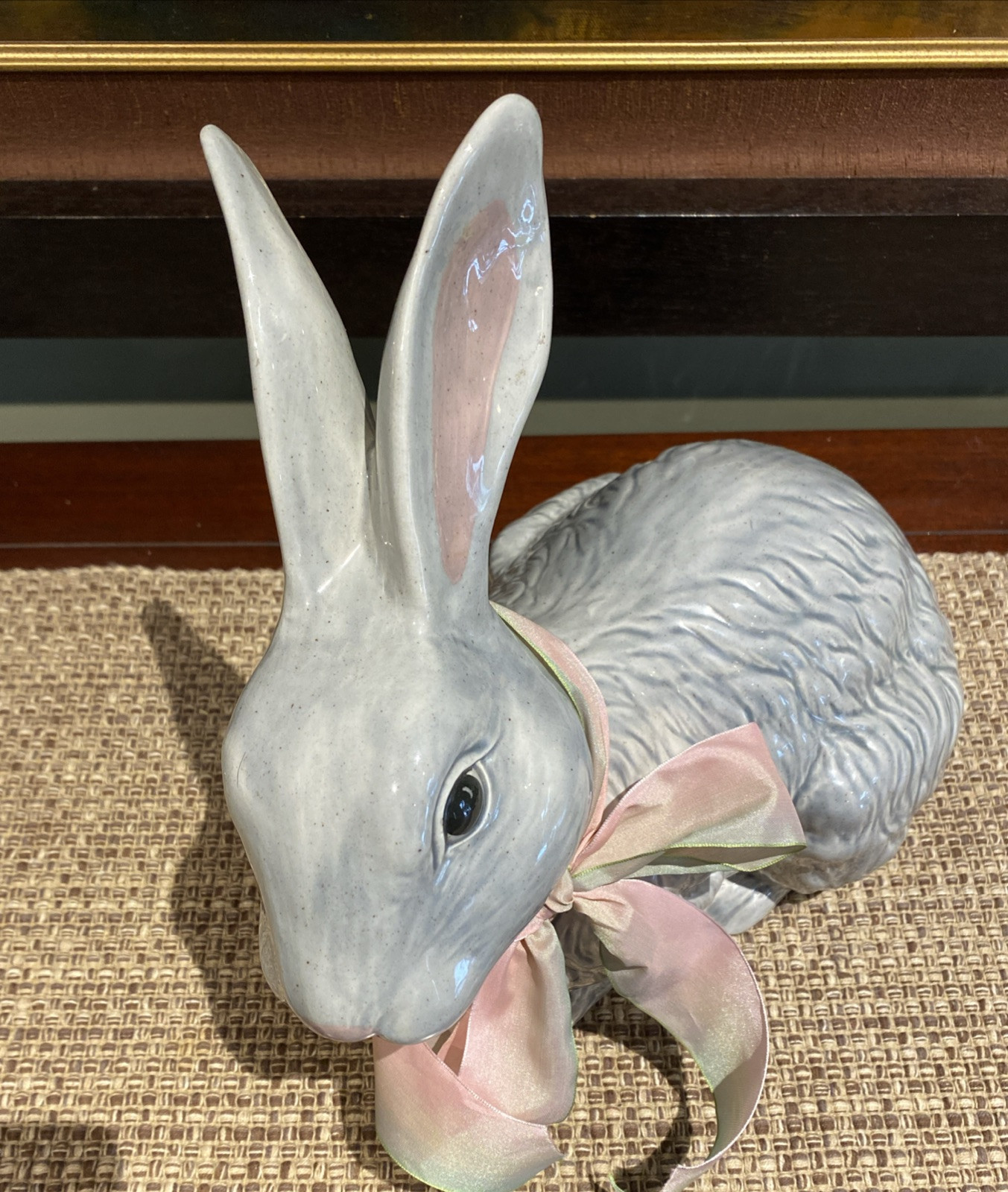 LARGE Realistic Grey Glazed Ceramic Bunny/Rabbit Sculpture 13”X11.5″ Home Decor
