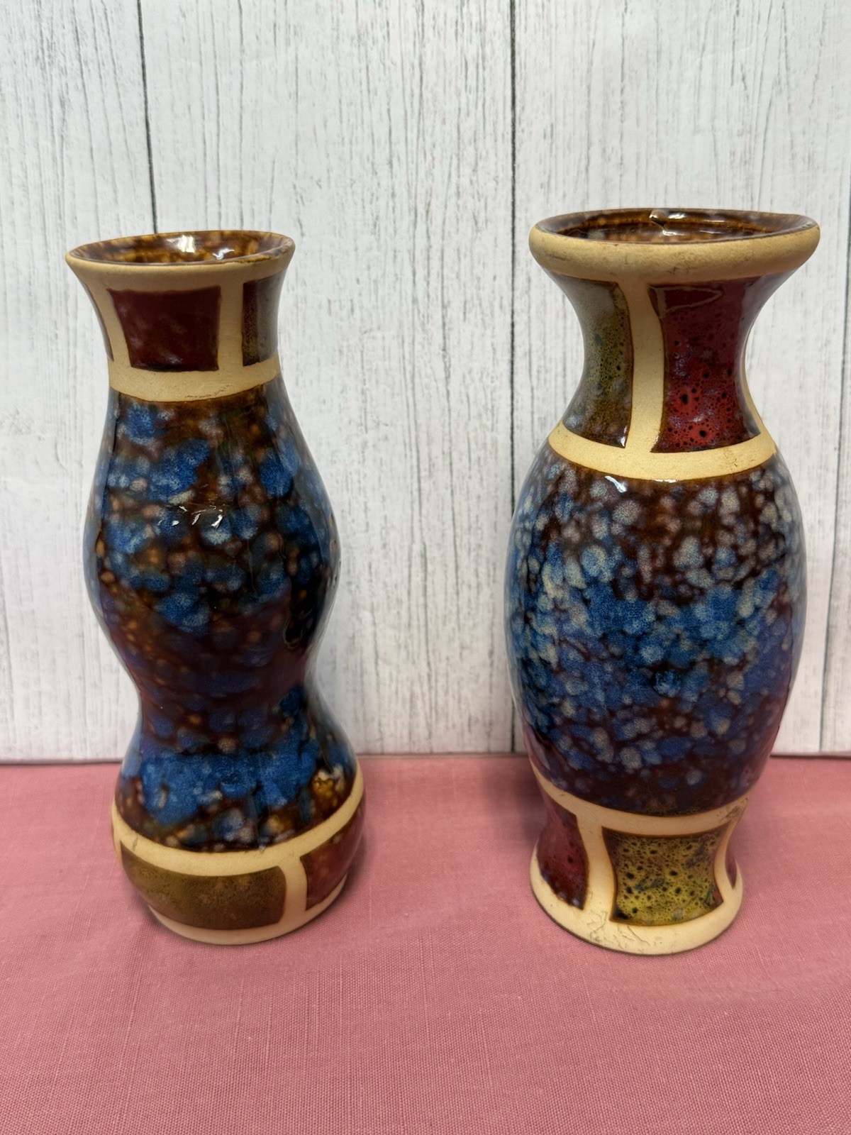 Pair Of Abstract Pottery Vases, Blue Brown Patchwork MCM