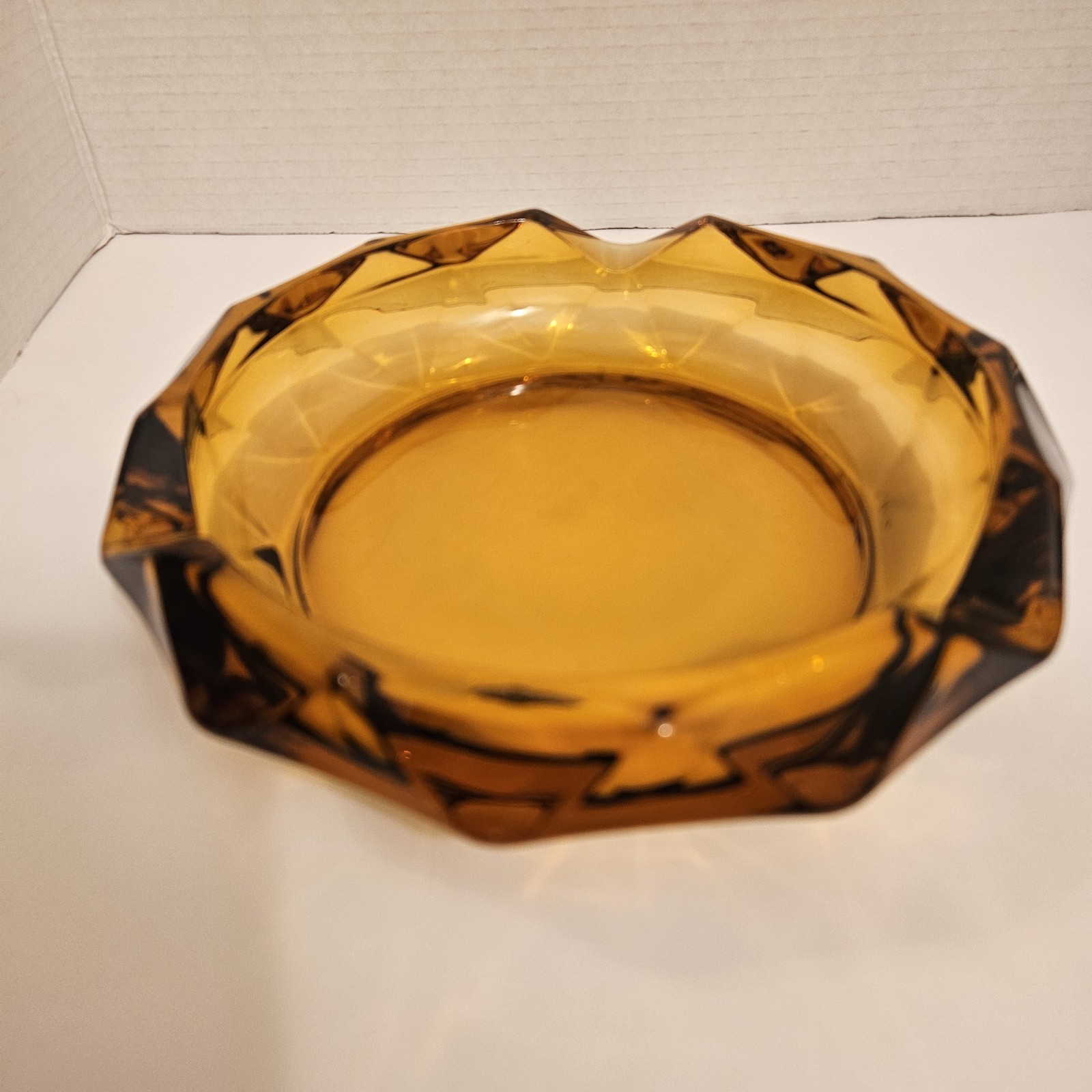 Vintage Viking Diamond Point Amber Heavy Glass Ashtray 8.5 in across