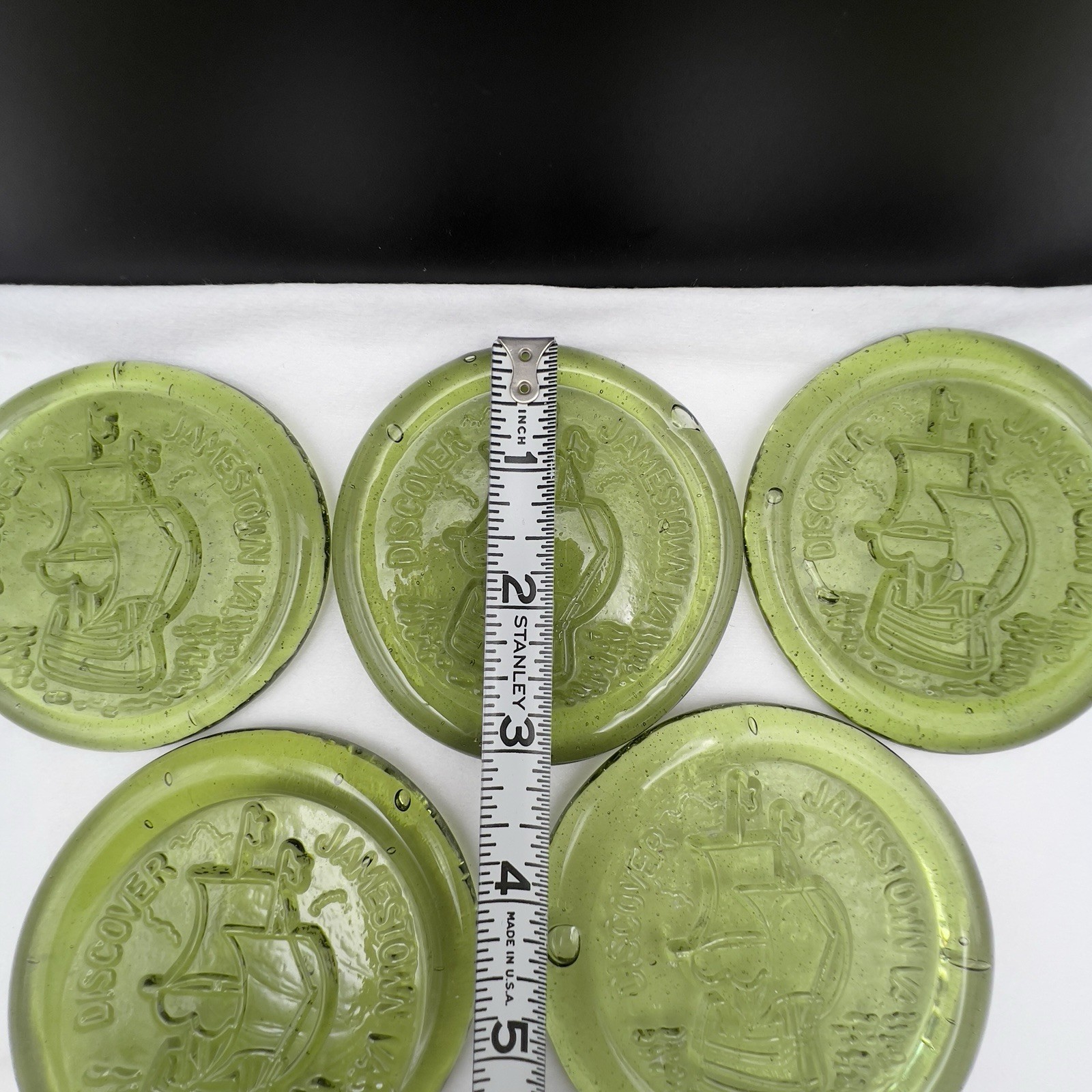 Vintage Jamestown Green Glass Paperweight Coaster ~ Set of 6