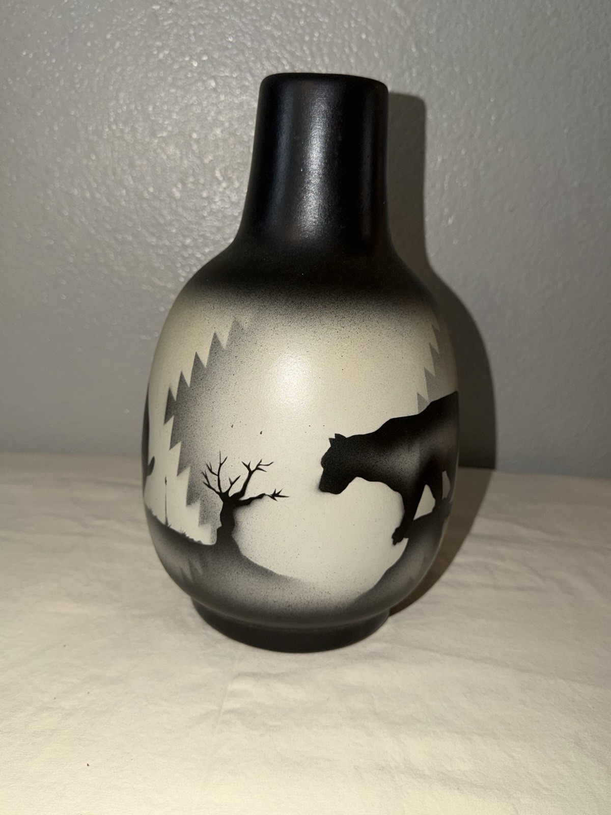 Hand Painted Signed Ceramic Vase Horse Silhouette Black Gray White Matte