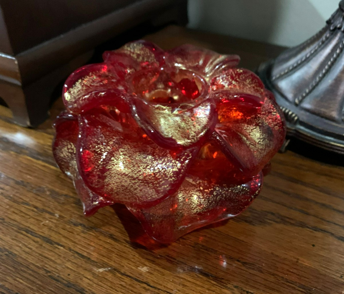 Mid Century Ruby Red Gold Aventurine MURANO Glass FLOWER Candle Holder 4 x 2.5″