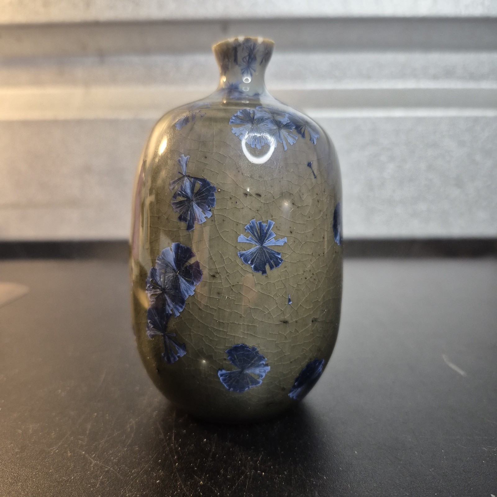 Handmade Studio Art Pottery Bud Vase Crystalline Glaze Blue Cobalt Crackle 4″