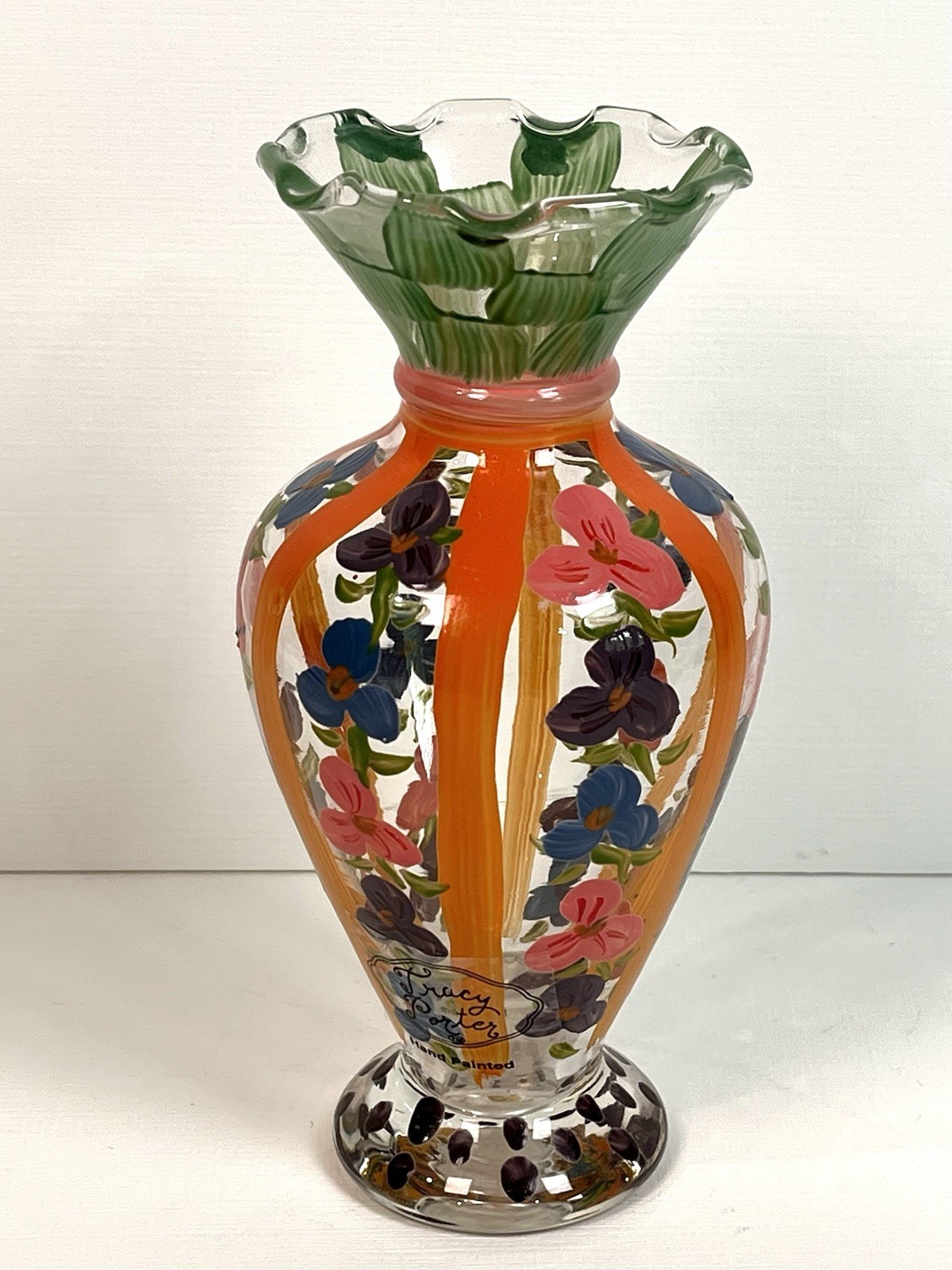 Tracy Porter Hand Painted Glass Vase with Multi Color Flowers