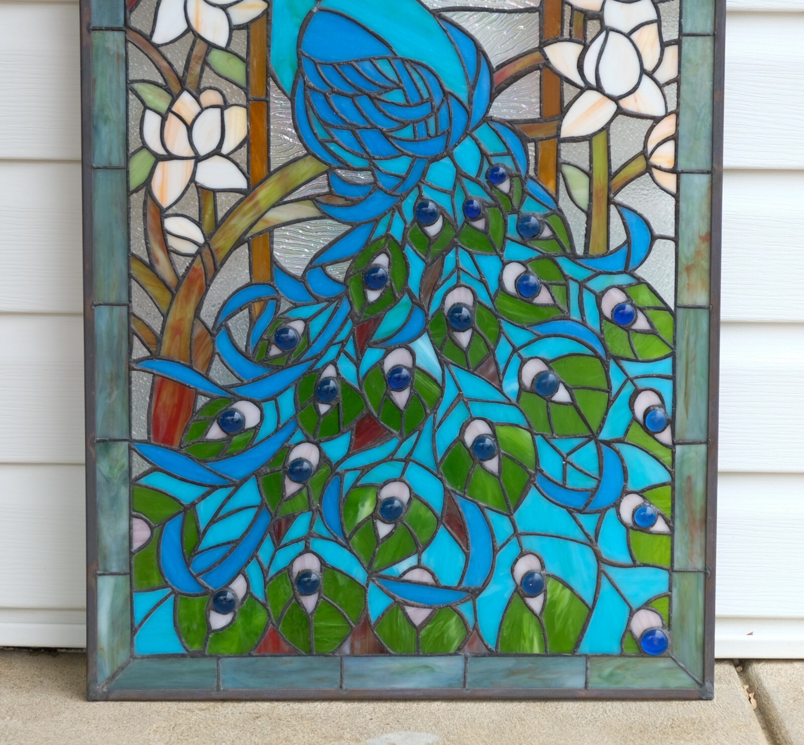 20.5″ x 34.75″ Handcrafted peacock flower stained glass window panel WL22-221