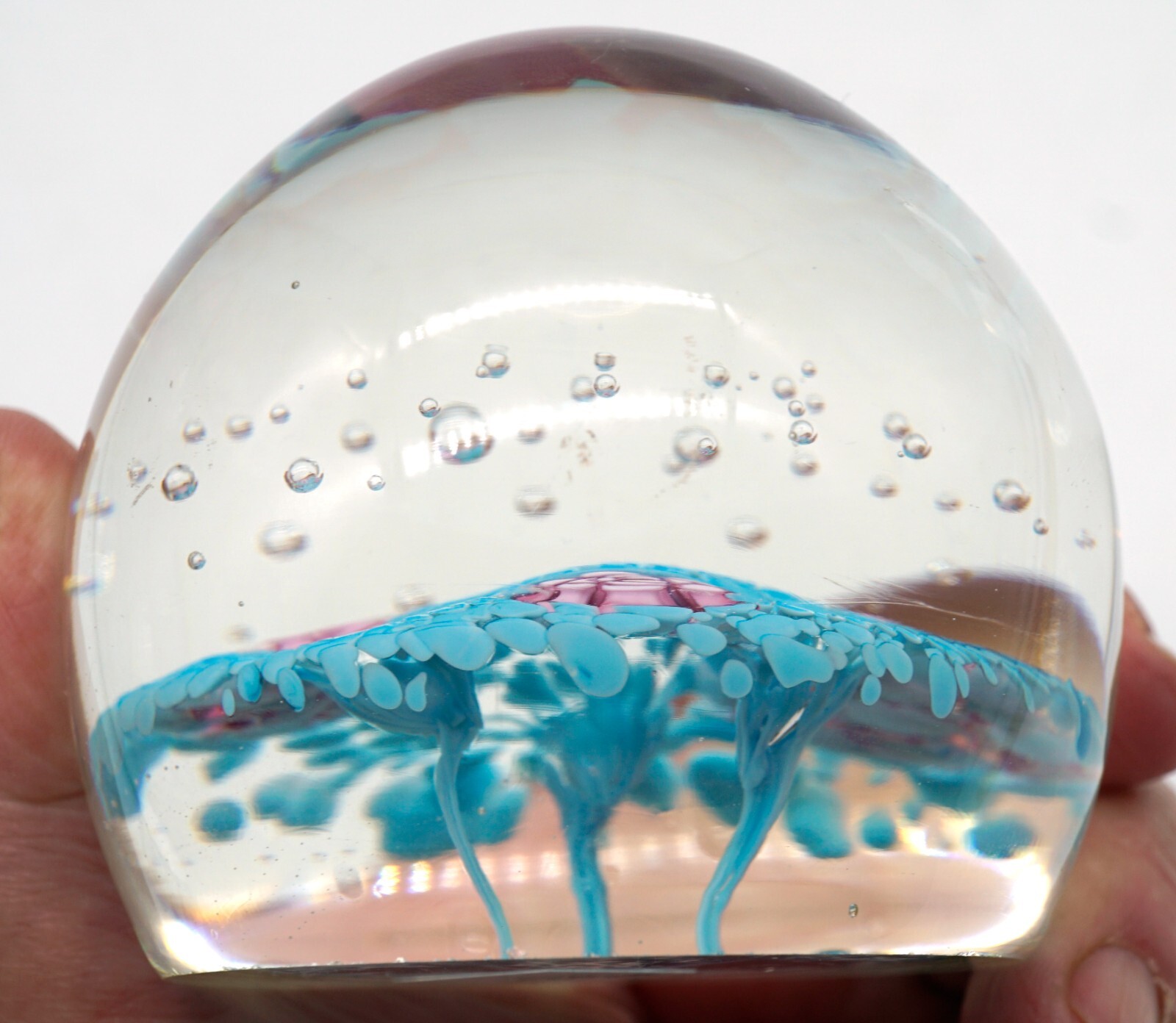 Vintage Flower Explosion Art Glass Paperweight Frit of Blue Pink Flowers Bubbles