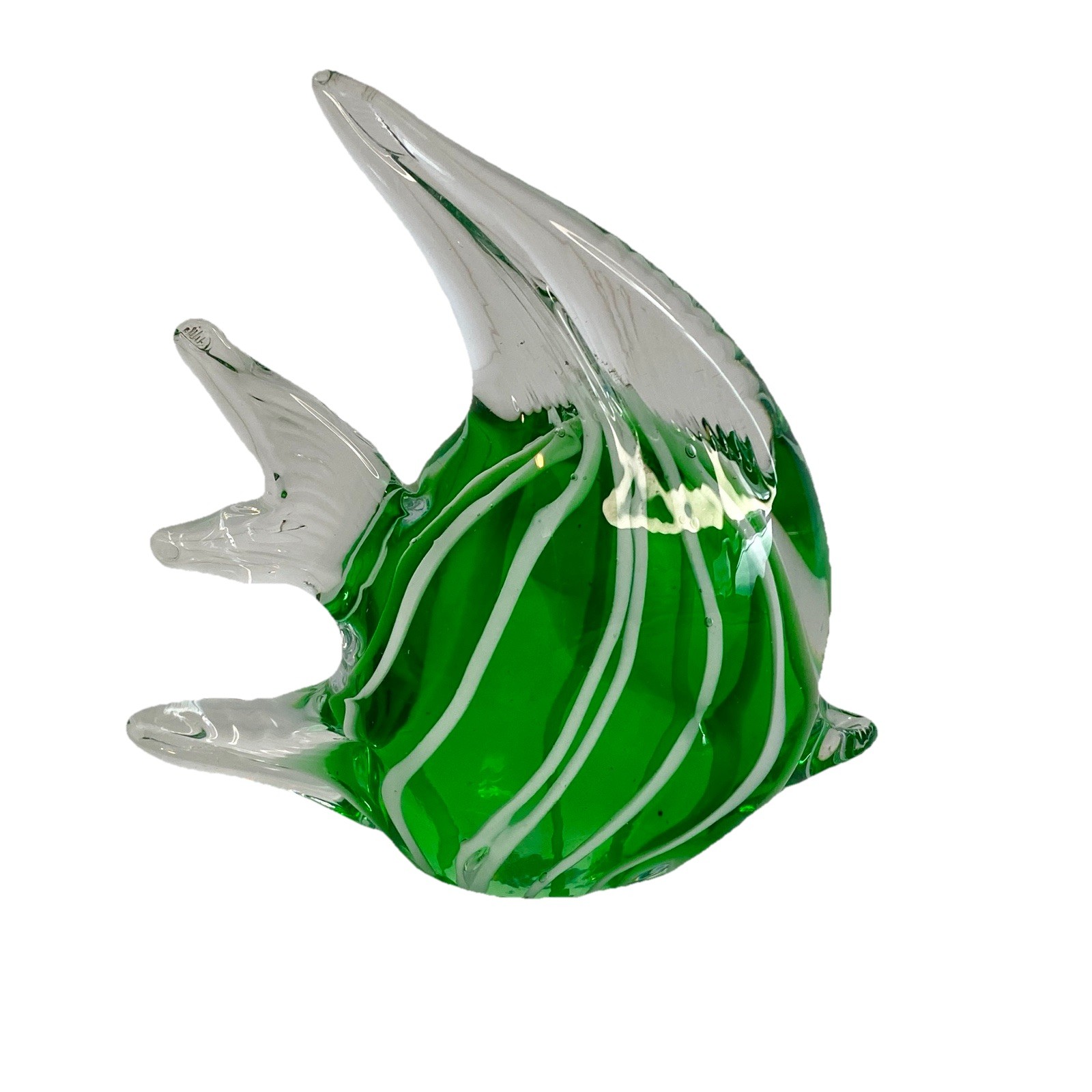 Vintage Murano Style Art Glass Tropical Angelfish Figurine Green White Striped