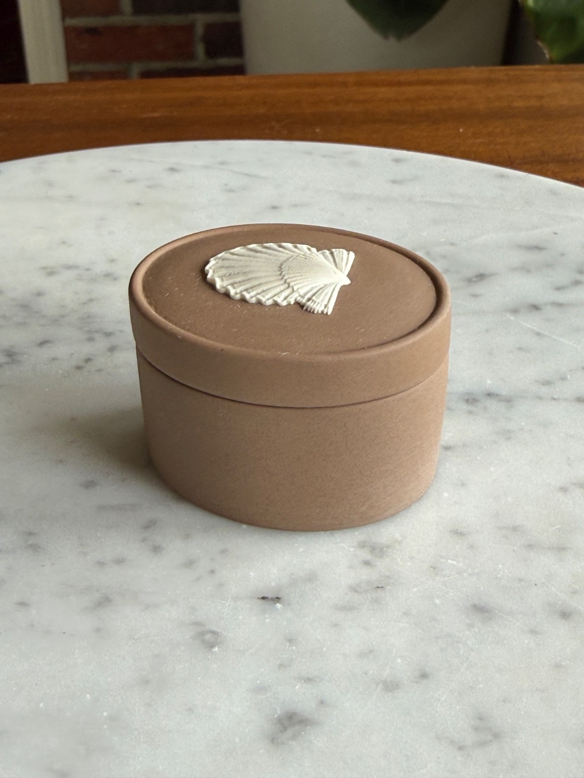 Wedgwood Brown Jasperware Small Oval Shaped Lidded Box With Shell